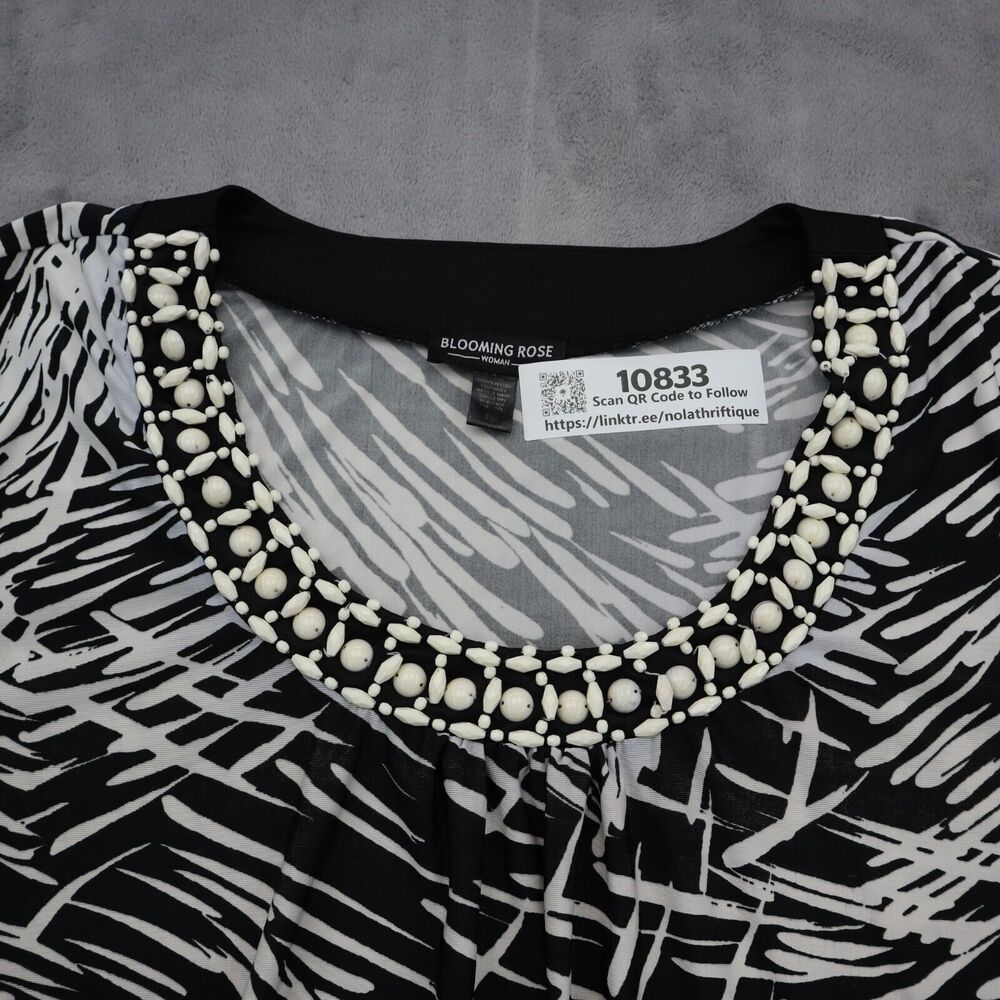 Blooming Rose Dress Womens XL Black White Casual Lightweight Short Sleeve Beaded - Picture 9 of 15